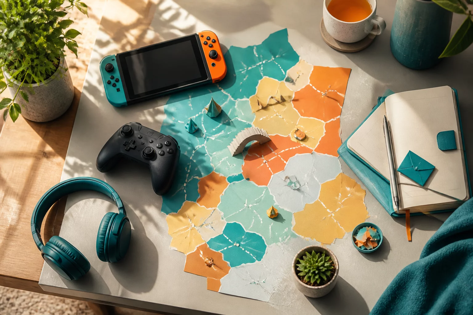 Gaming devices and a notebook arranged like a colourful route map